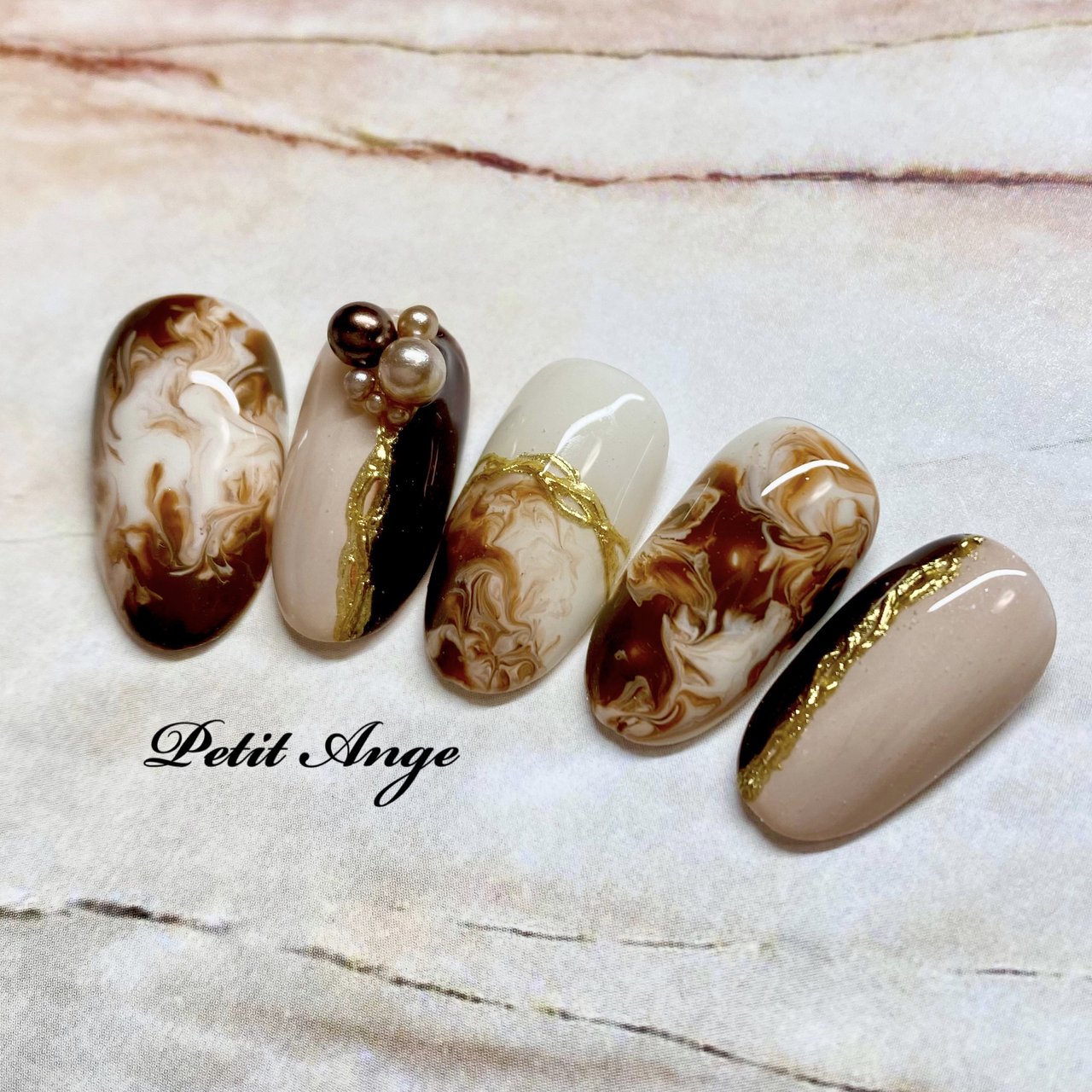 オーダーネイルチップNo.55 カフェラテ風 マーブル ぷっくり