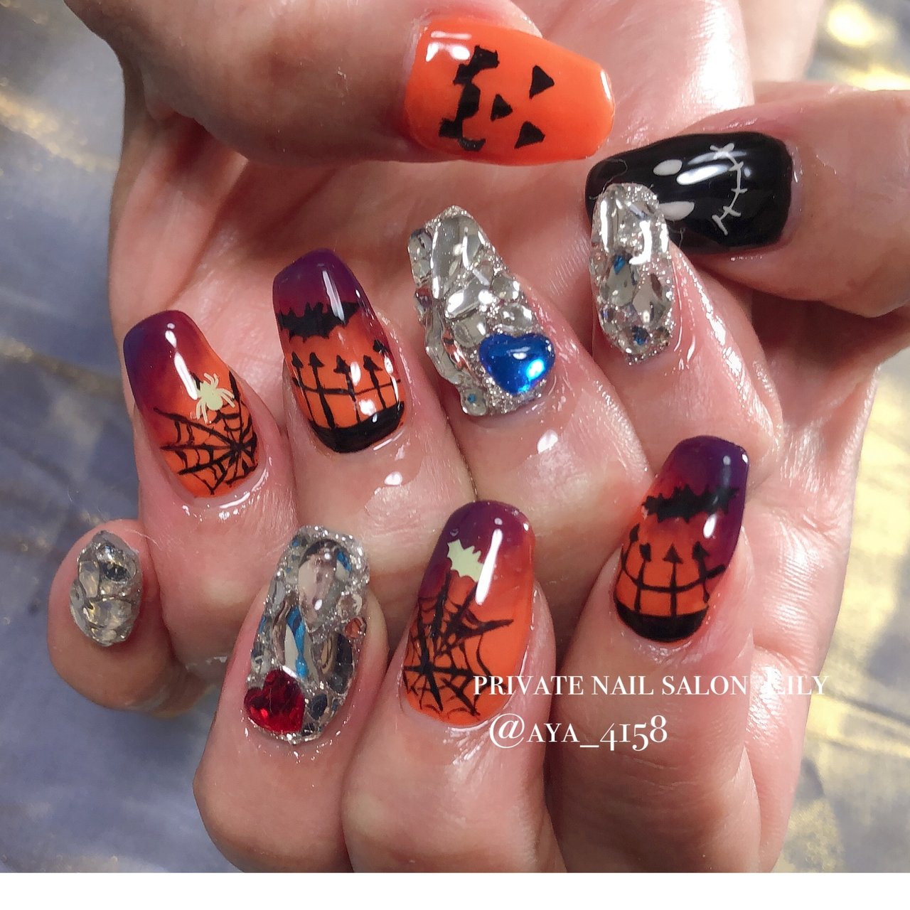 No.339 ネイルチップ オレンジ キラキラ ちゅるん 星 秋 ハロウィン