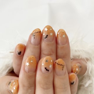 No.339 ネイルチップ オレンジ キラキラ ちゅるん 星 秋 ハロウィン No