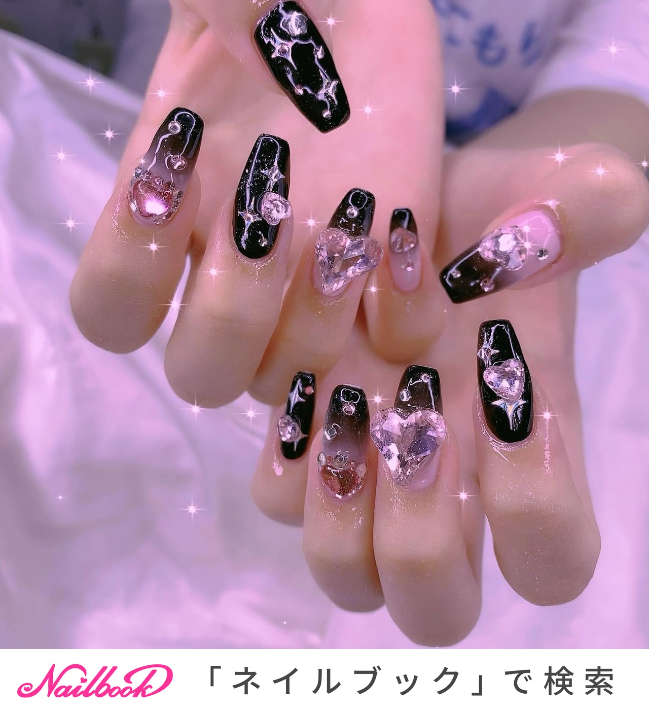 グラデーション/キラキラ/スクエア/ピンク/ブラック - かおるのネイル
