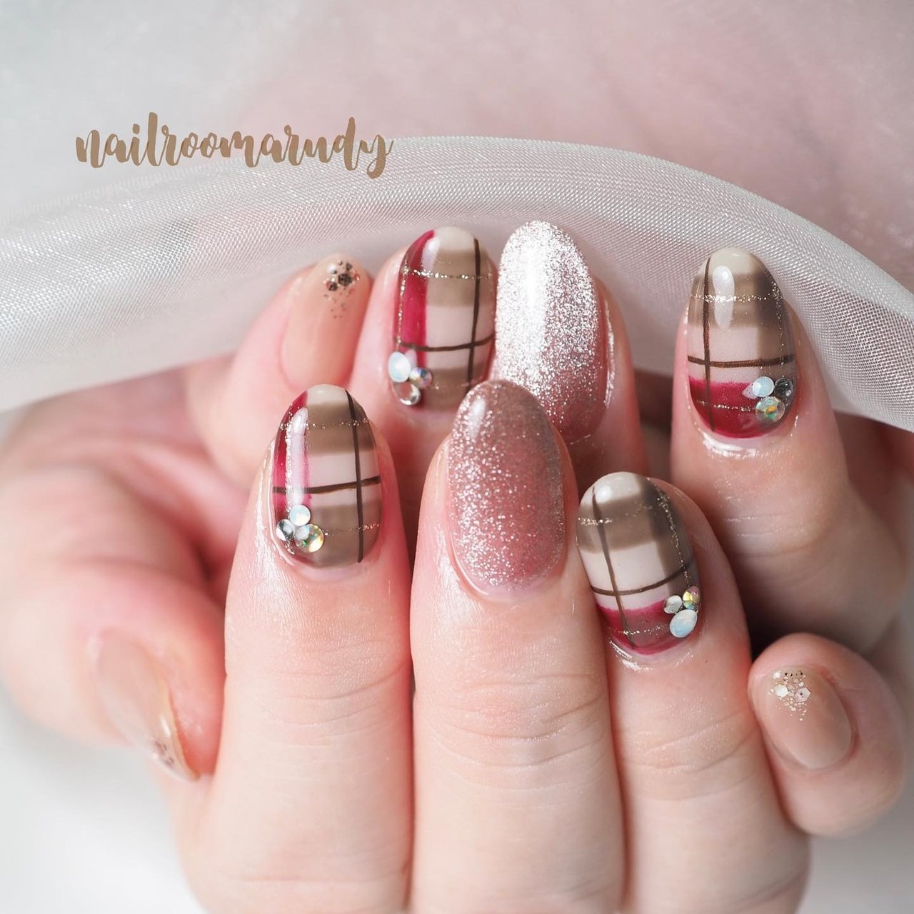 秋/チェック/マグネット/ベージュ/ブラウン - nailroomarudyの