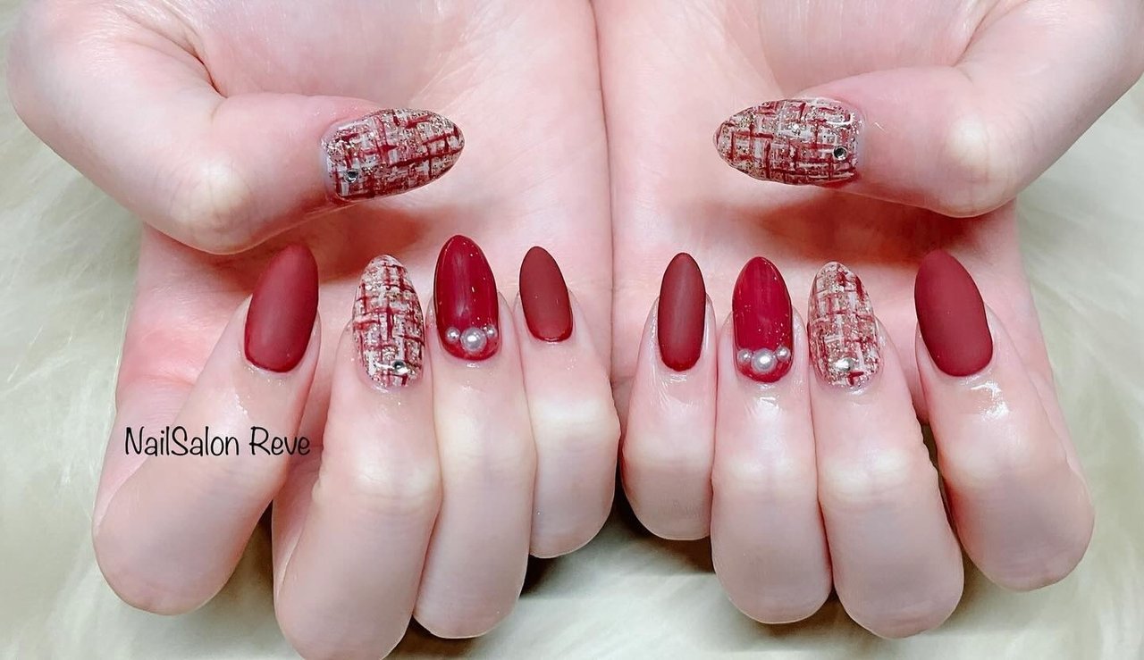 冬/ツイード/マット/レッド - nail_Salon_Reveのネイルデザイン[No