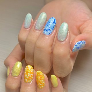 夏/ツイード/ブルーのネイルデザイン｜ネイルブック