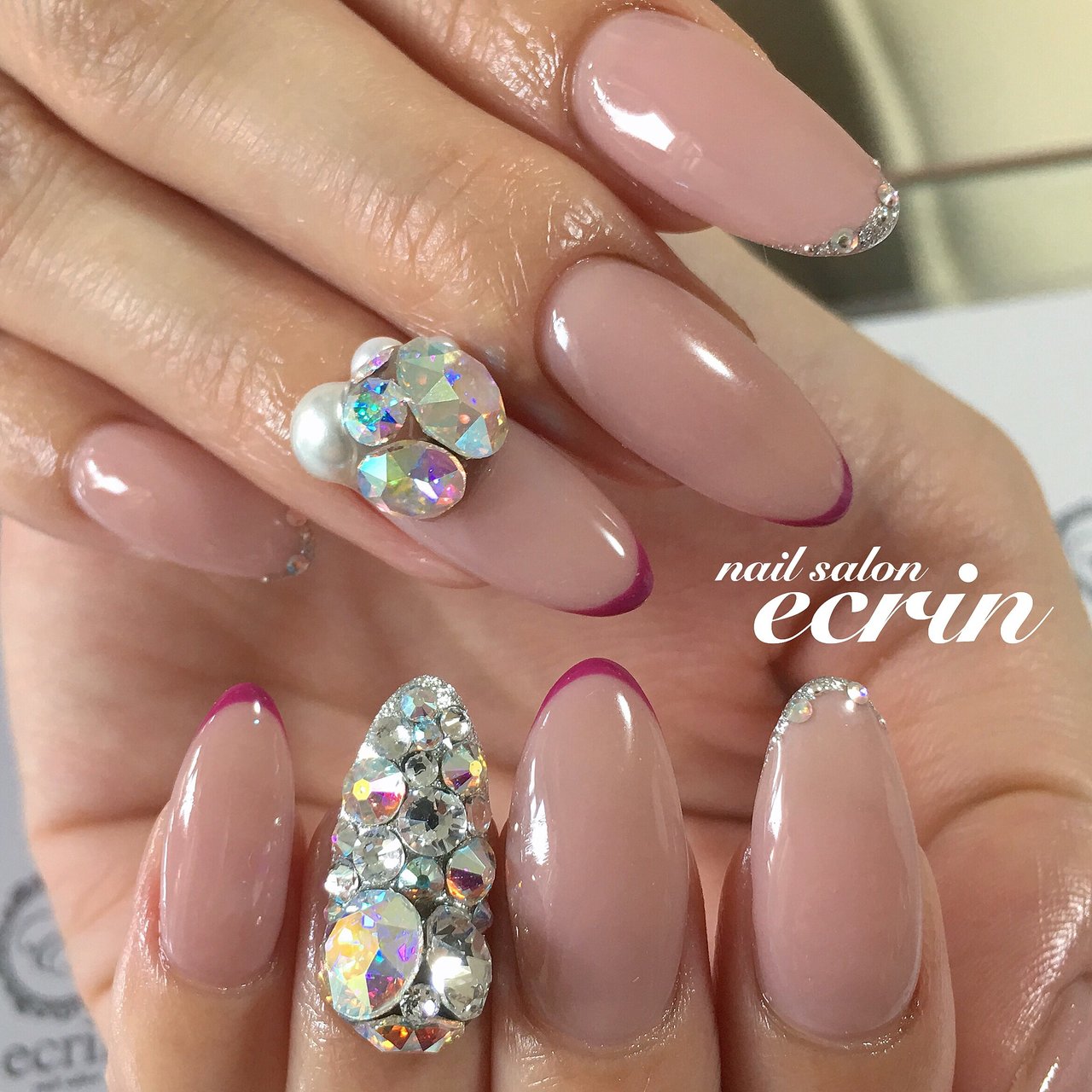 フレンチ ビジュー ロング ピンク シルバー Nail Ecrinのネイルデザイン No ネイルブック