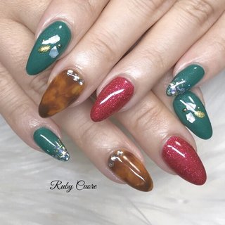 べっ甲/レッド/グリーンのネイルデザイン｜ネイルブック 