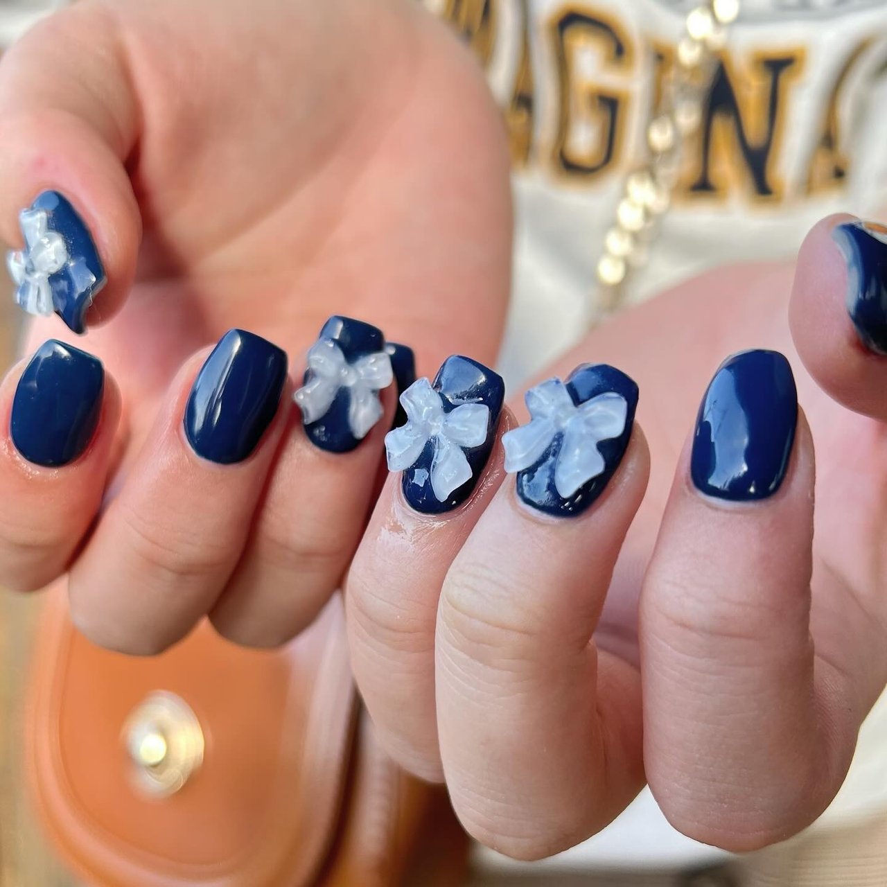【オーダーページ】ネイルチップ　韓国　ネイビー　リボン　ストーン サイズオーダー】nailtip ネイビーネイル リボンネイル マグネット