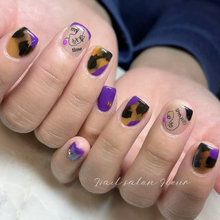  #秋 #冬 #ハンド #べっ甲 #ショート #スクエア #イエロー #パープル #ブラック #ジェルネイル #お客様 #Nail Fleur_Maki.Futsuki #ネイルブック