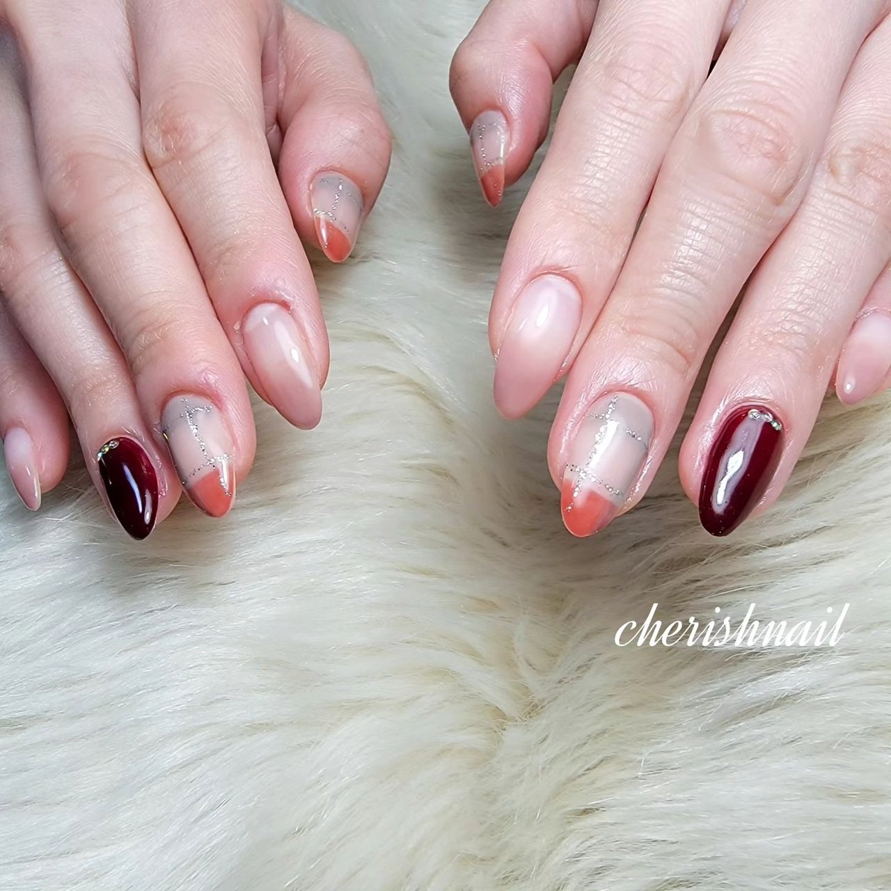冬/クリスマス/オフィス/チェック/ボルドー - cherish nailのネイル 