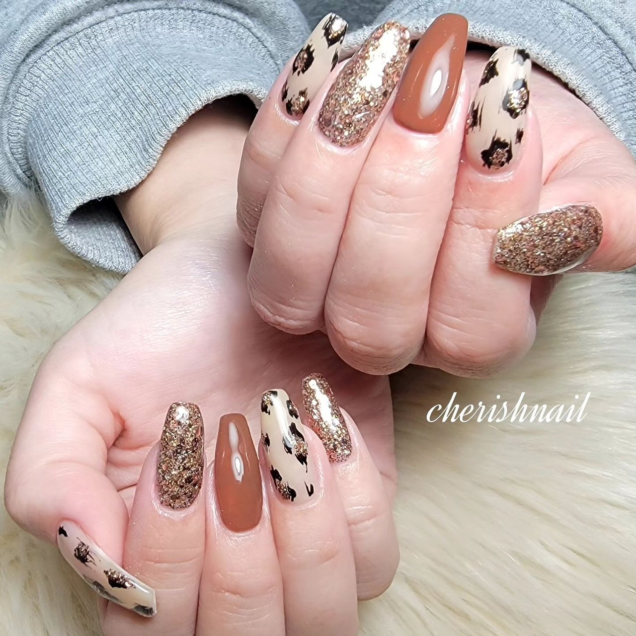 冬/ラメ/レオパード/キラキラ/ベージュ - cherish nailのネイル 