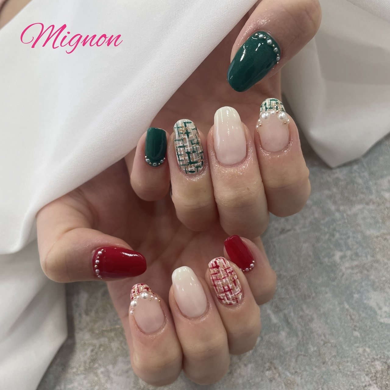 冬/クリスマス/ハンド/ツイード/レッド - Mignonのネイルデザイン[No