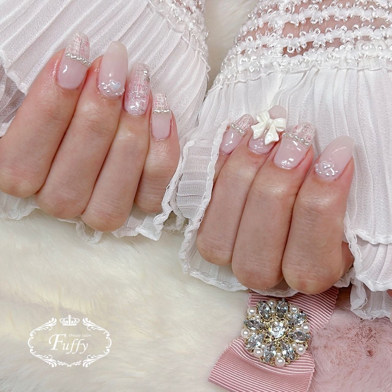 ハンド/ツイード/リボン/ワンホン/ミディアム - Fuffyのネイルデザイン