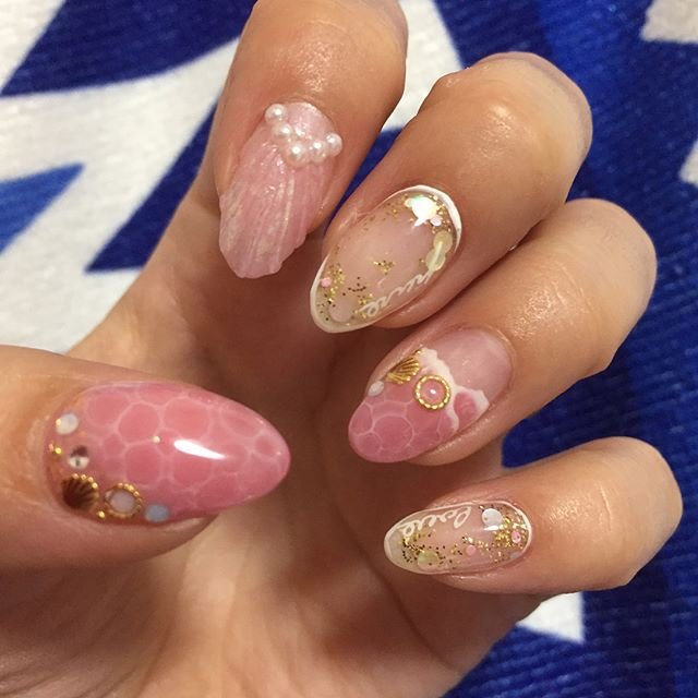 ラメ シェル たらしこみ マリン ピンク Yuka Nailのネイルデザイン No ネイルブック