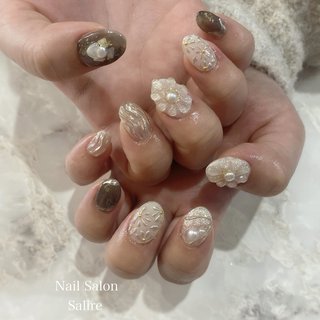 ネイルチップ オーダー ぷっくりフラワー ニュアンス インク パール