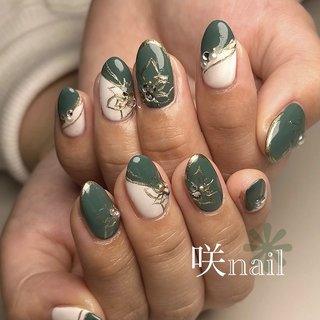 似合うネイルシンプル 緑の振袖 ネイル ゴールド 再販 深み緑和柄 