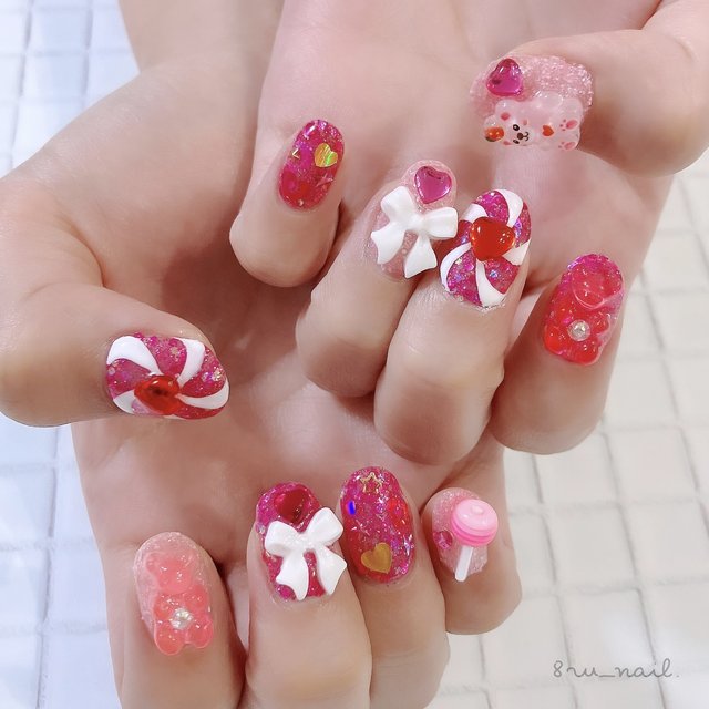 コスメ/美容♡オーダーネイル♡キャンディ×ハートモチーフのガーリーネイル♡ピンク♡