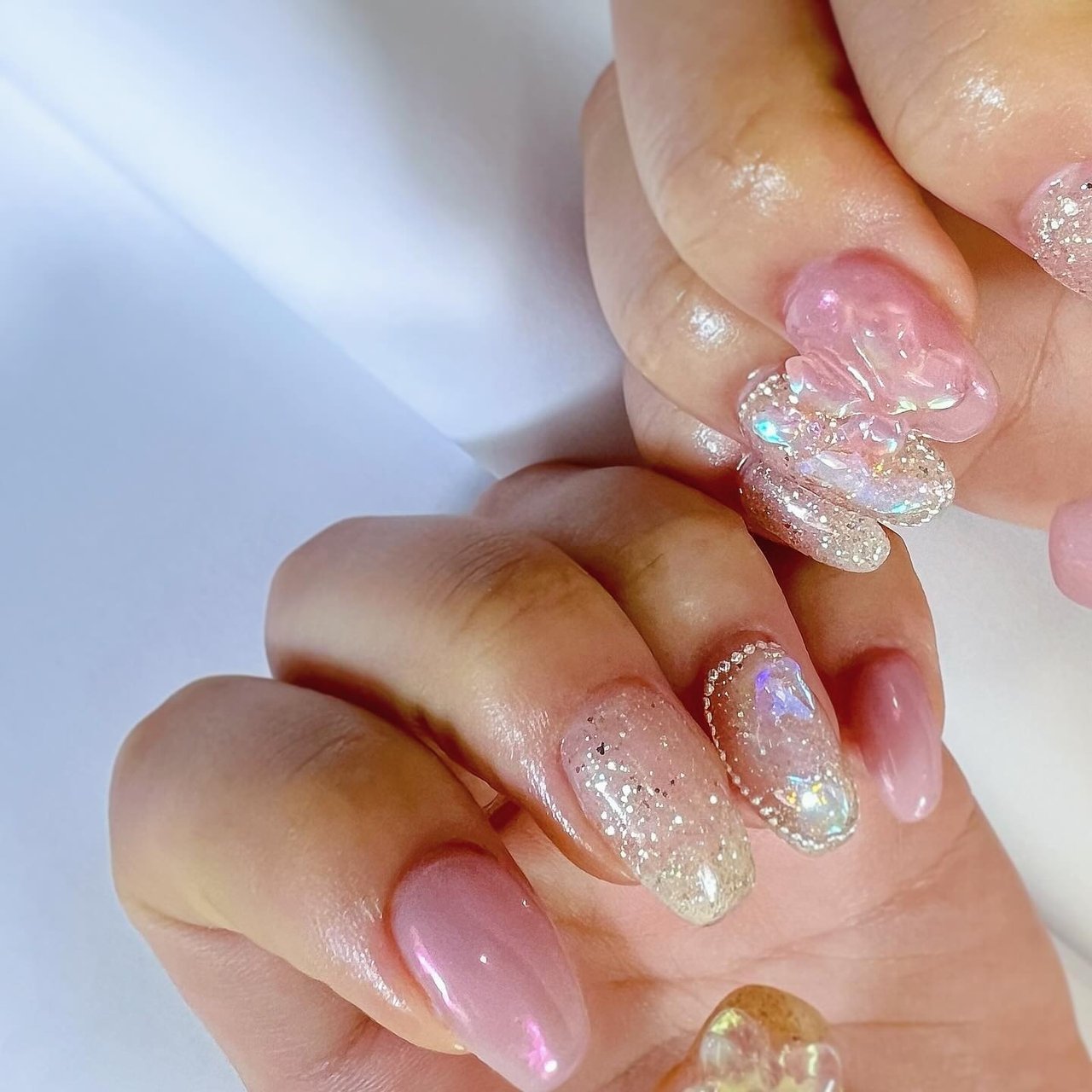 冬/オーロラ/リボン/ちゅるん/スクエア - ayaのネイルデザイン[No