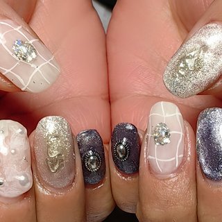 ［26］ネイルチップ マグネットネイル チェック柄 個性派 モノトーン オーダー ジェルネイルチップ ハンドメイドネイルチップ モノトーン