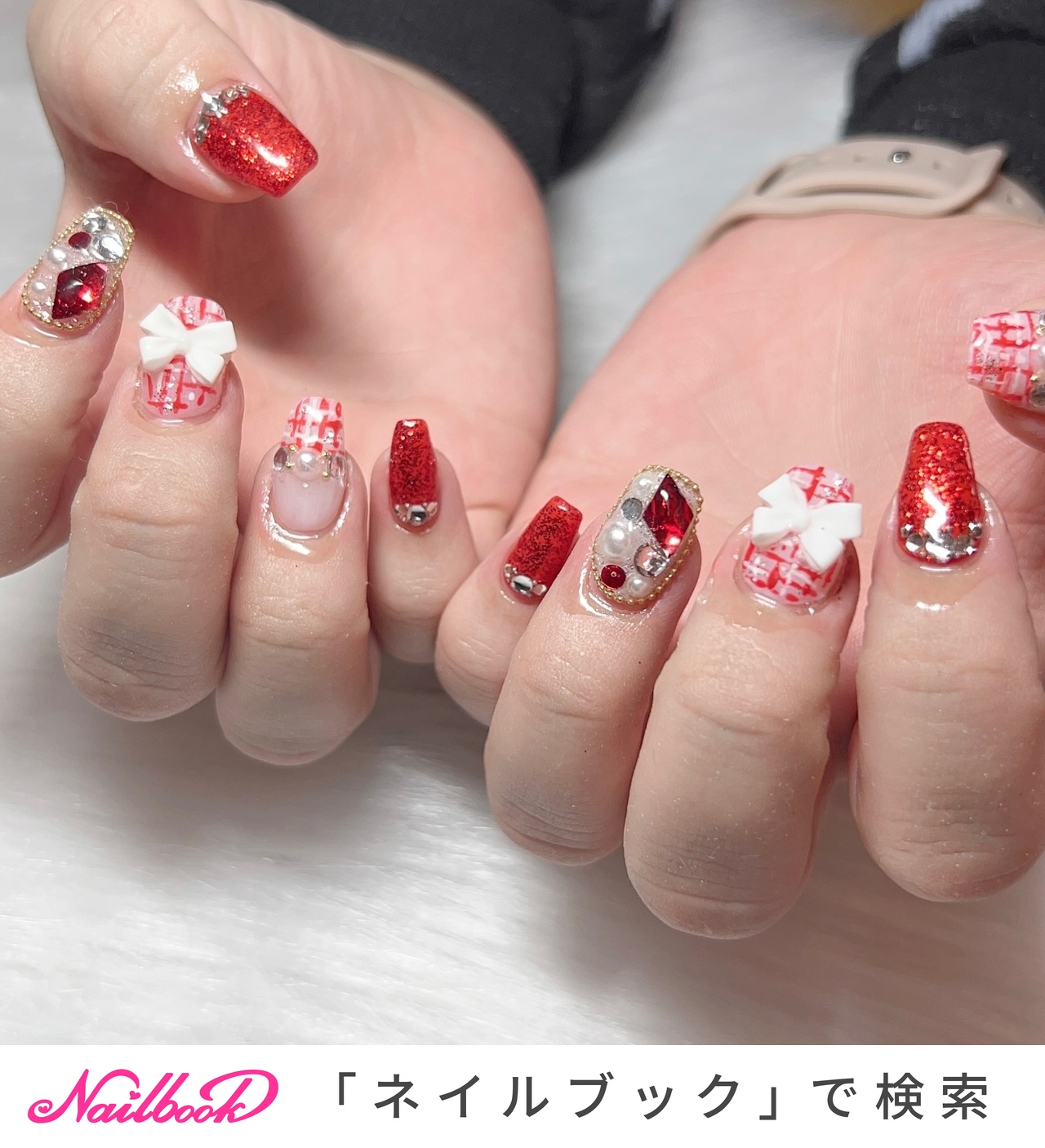 冬/ツイード/リボン/レッド/ジェルネイル - nail_luana08のネイル