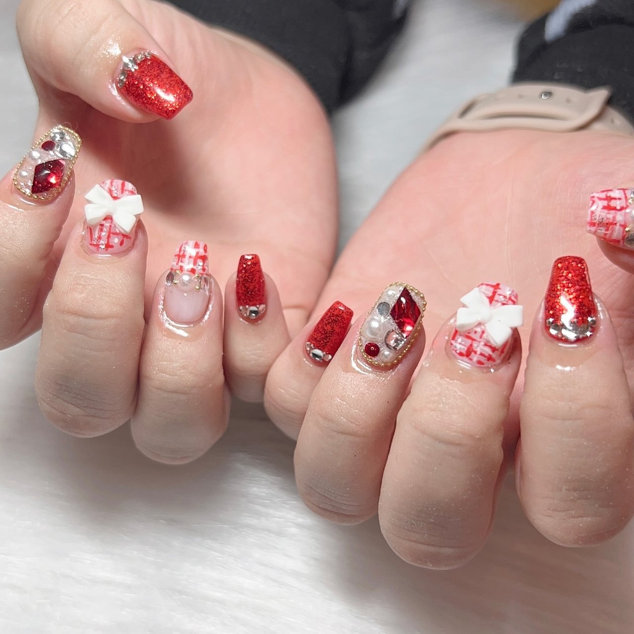 冬/ツイード/リボン/レッド/ジェルネイル - nail_luana08のネイル