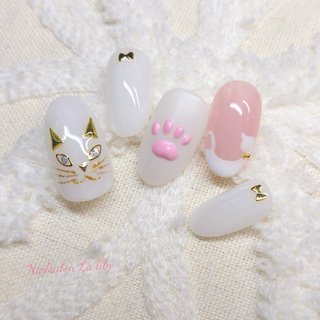 ぷっくり 貝殻ネイル ねこ 肉球 ネイルチップ オーダー リボン ネイル