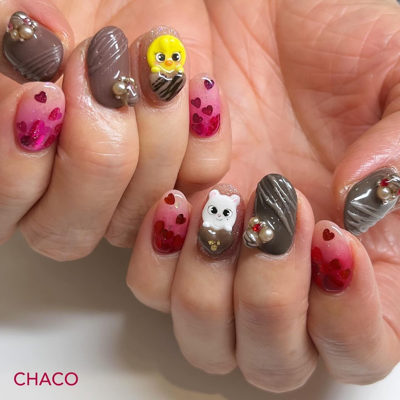 バレンタイン/ハンド/ハート/3D/スイーツ - ちゃこのネイルデザイン[No  
