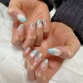 スノーぶるー*.ネイルチップ 水色 雪の結晶 韓国 ワンホンネイル 白 