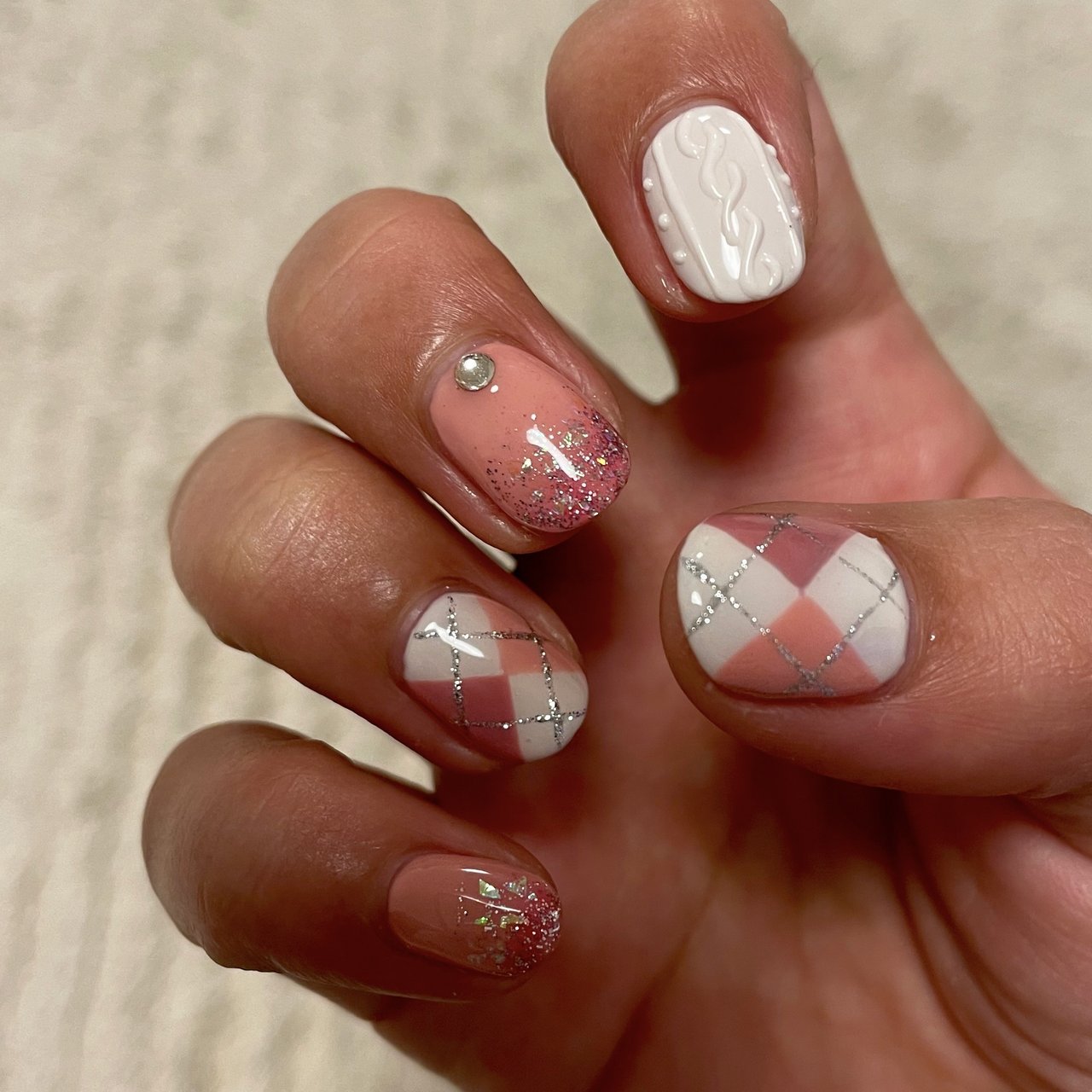 オーダーネイルチップ No.16 冬 雪 ピンクハート ニット