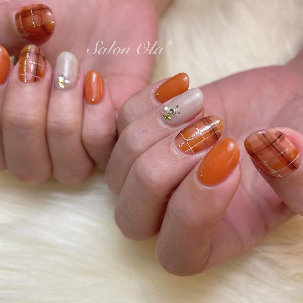 秋/チェック/オレンジ - あきゃねのネイルデザイン[No.8627934