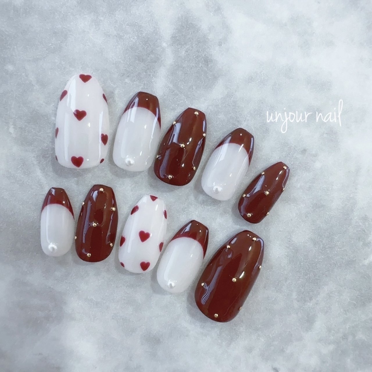 25))ハートネイル ネイルチップ クリスマスネイル ボルドー フレンチガーリー 01))ハートネイル フレンチガーリー ボルドー クリスマスネイル