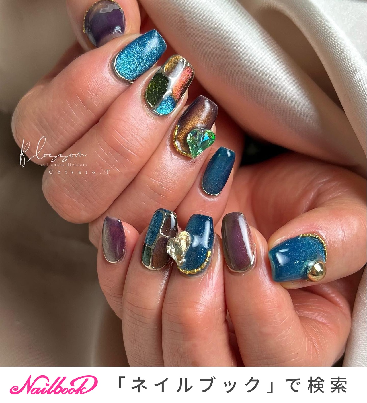 オーダーネイルチップNo.47 ステンドグラス風マグネット シルクネイル オールシーズン/ハンド/ハート/ステンドグラス/マグネット - Blossom