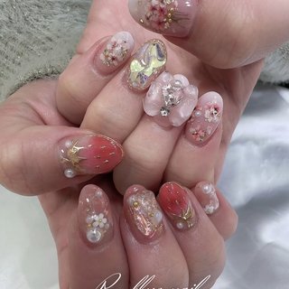 René 美品✨ルネ　ベビーピンク系コットンツイード 38 優しい雰囲気おリボン Ri re ru＊ Nail~ リレル ネイルのネイルデザイン[No.8406427