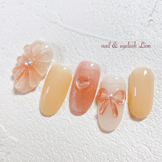 フラワー/リボン/オレンジのネイルデザイン｜ネイルブック 