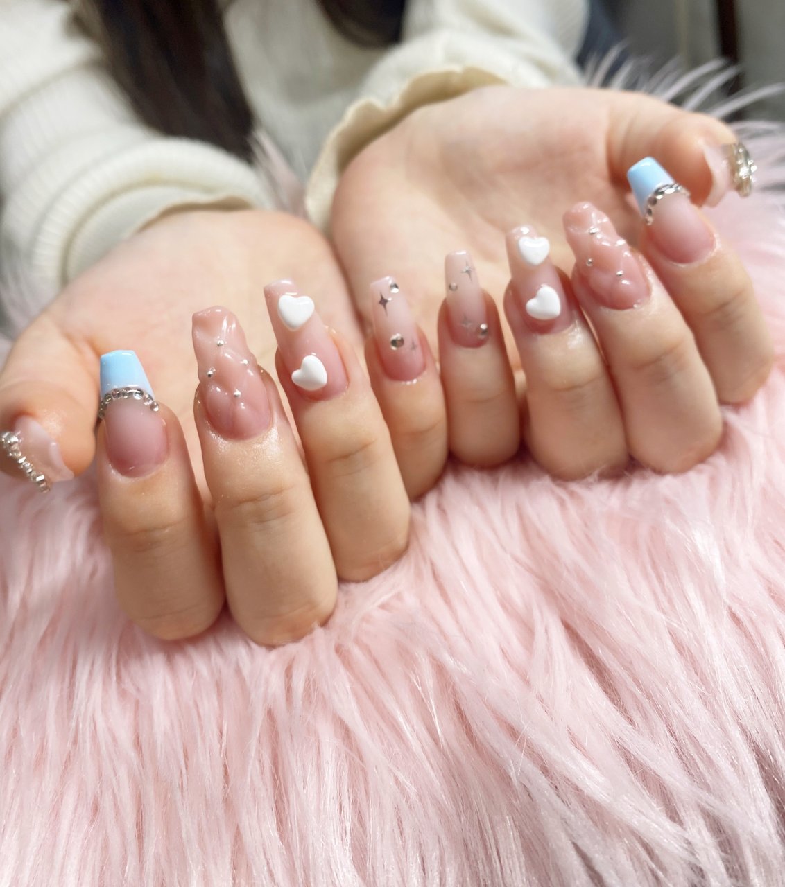 ネイルチップ ワンホン ハート キルティング ビジュー ビジュー/ハート/キルティング/ちゅるん/ワンホン - ネイル