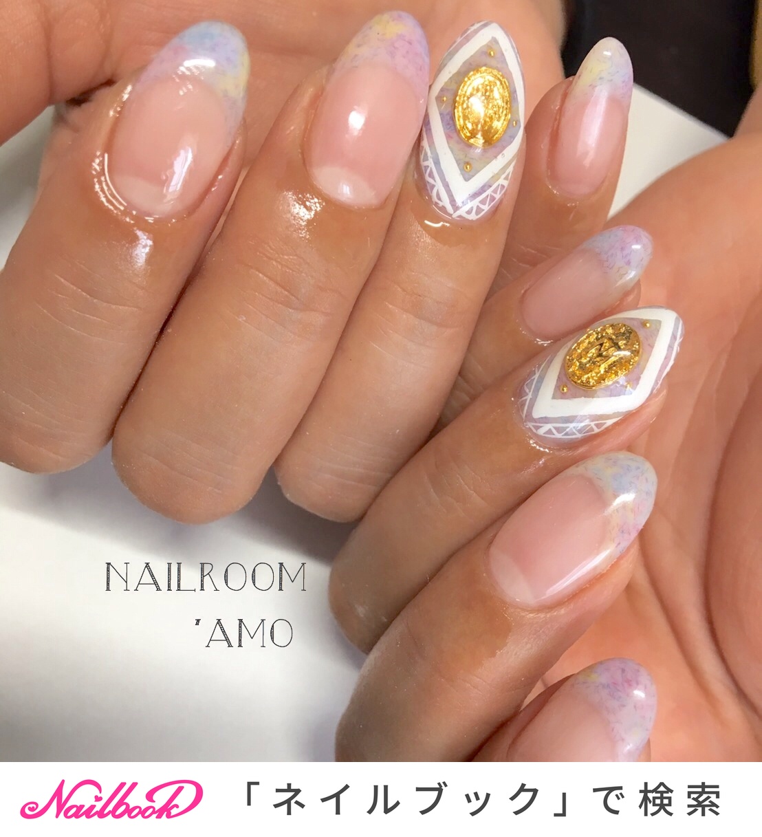 ハンド フレンチ エスニック ミディアム ホワイト Nail Room Amoのネイルデザイン No ネイルブック