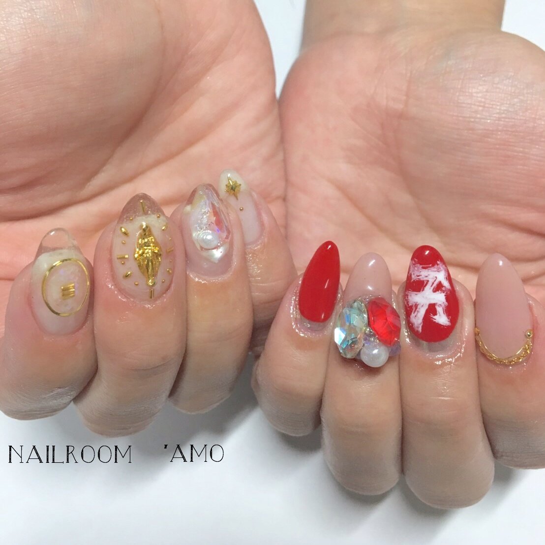 ハンド ミディアム クリア ベージュ レッド Nail Room Amoのネイルデザイン No ネイルブック