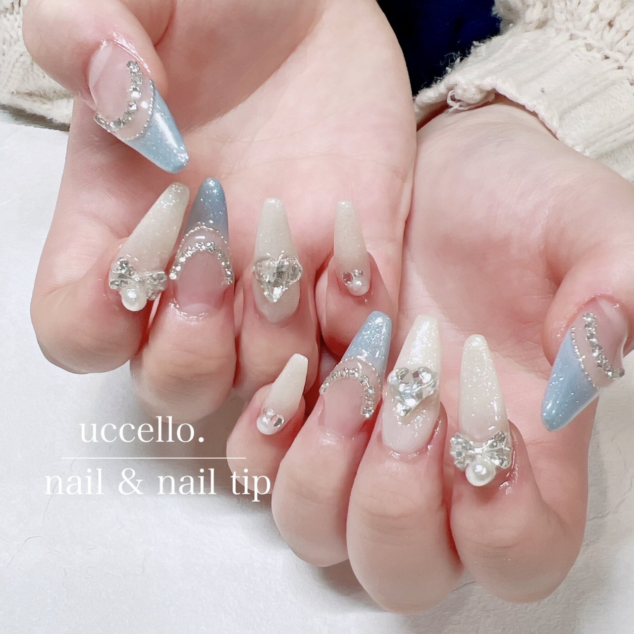 ネイルチップ フレンチ ビジュー フラワー キラキラ 1636n-04.jpg