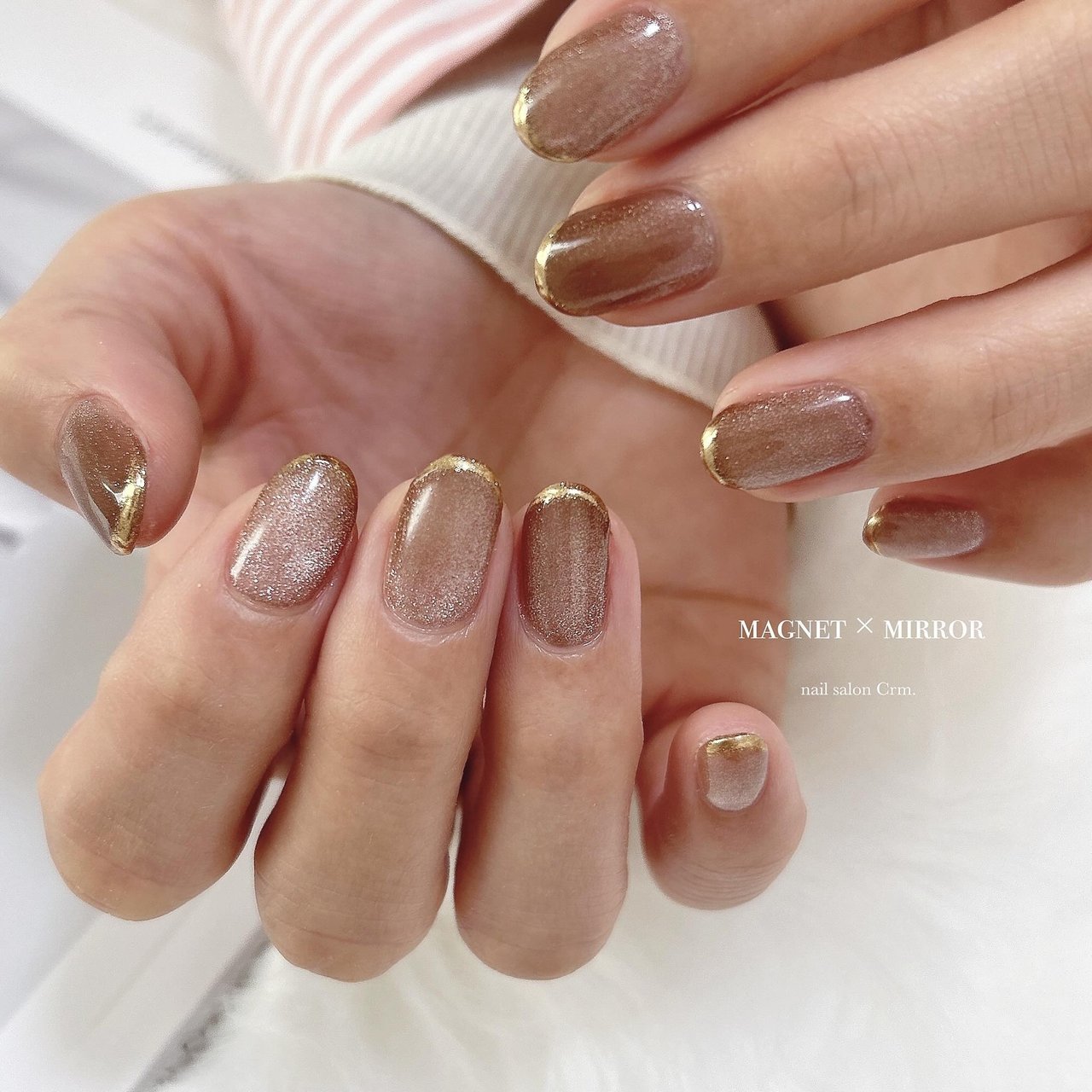 【オーダー】ネイルチップ　ミラーフレンチ　マグネット　キラキラ　ブラウン　韓国 オーダー】ネイルチップミラーフレンチマグネットキラキラブラウン韓国