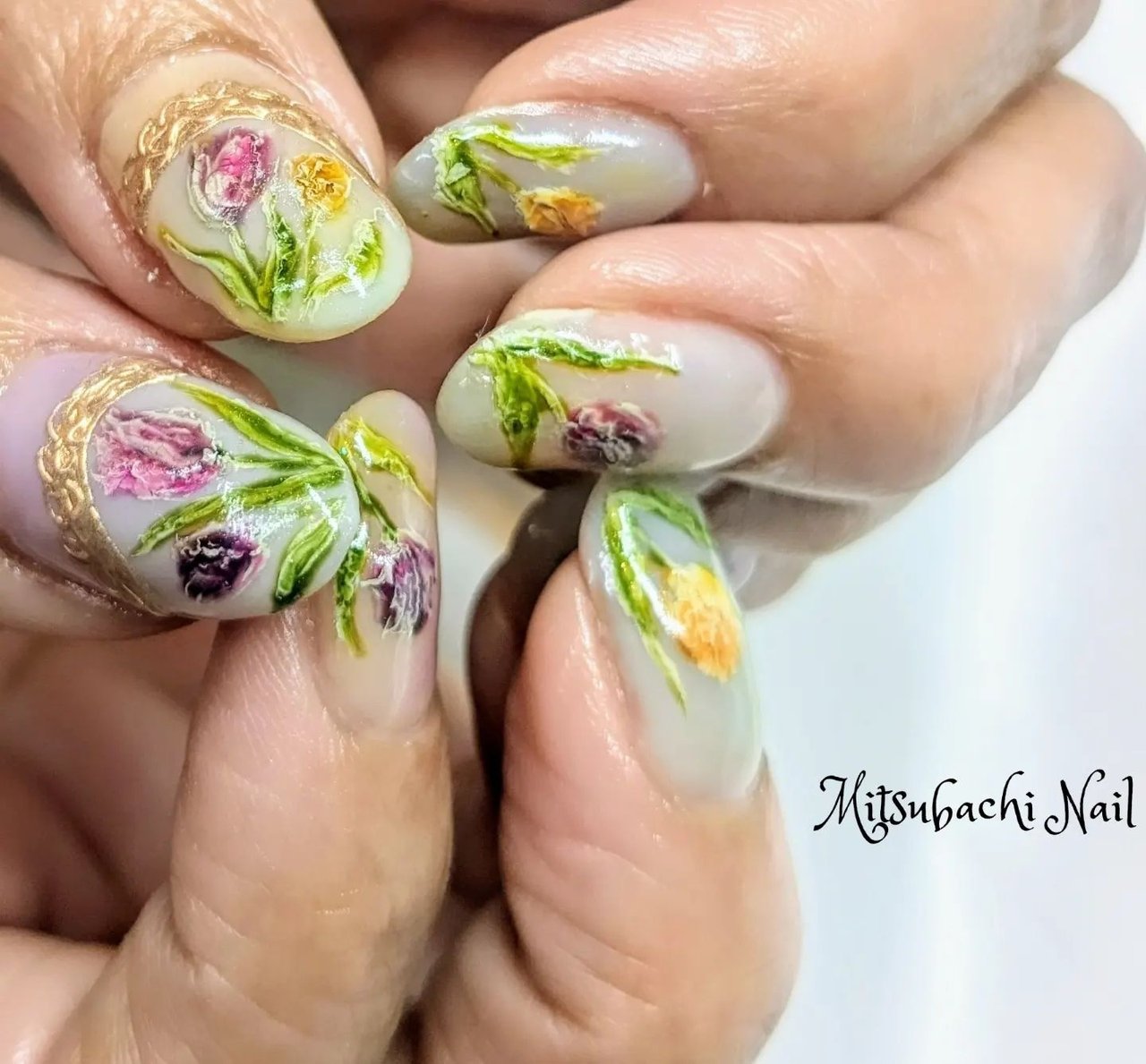 春/ハンド/フラワー/ミラー/絵画 - mitsubachi_nailのネイルデザイン