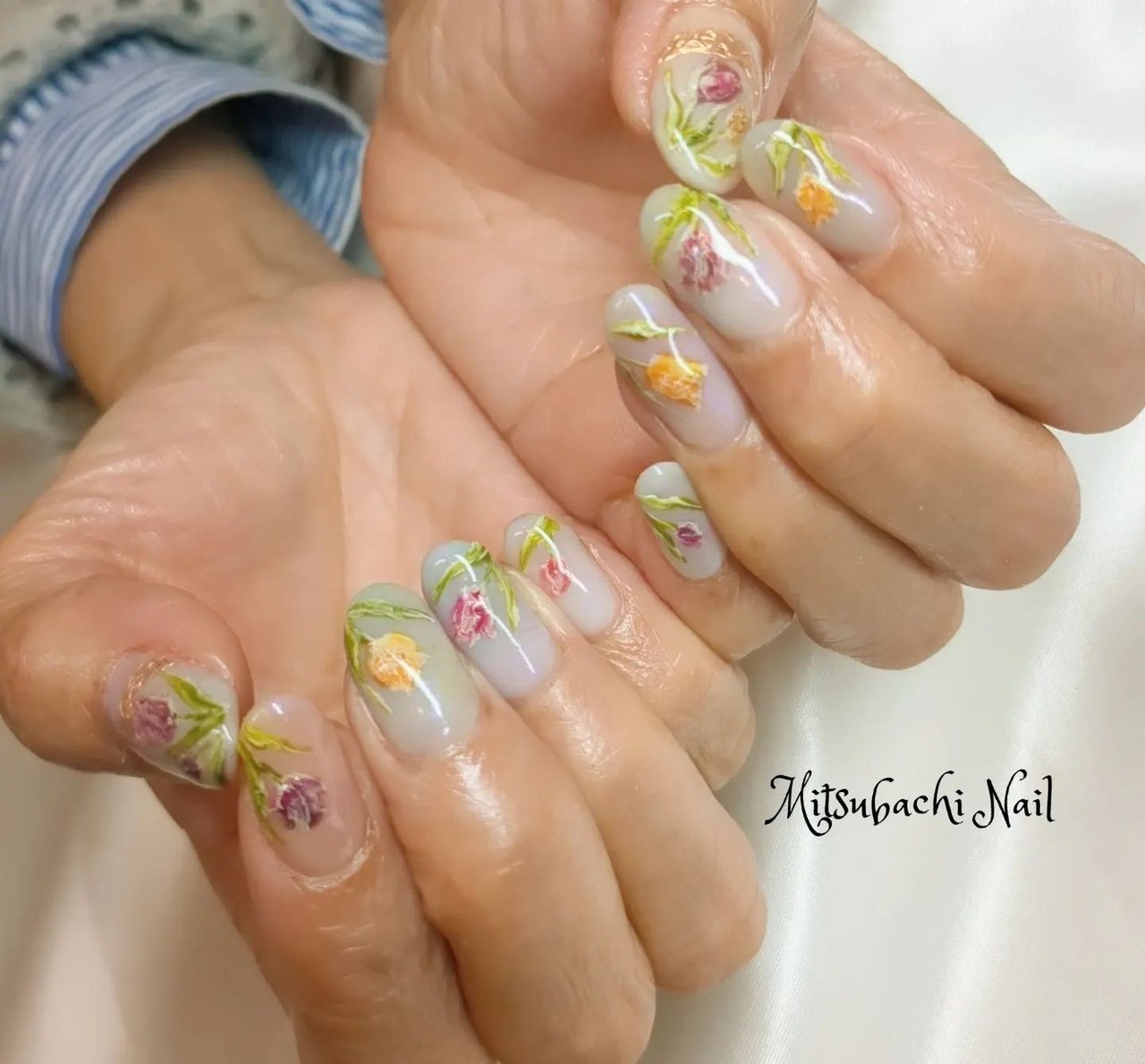 春/ハンド/フラワー/ミラー/絵画 - mitsubachi_nailのネイルデザイン