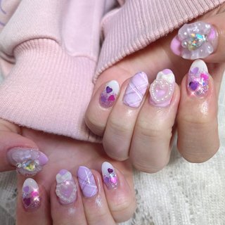 ライトパープル リボン ベルト 地雷系 ジェルネイルチップ ミディアム