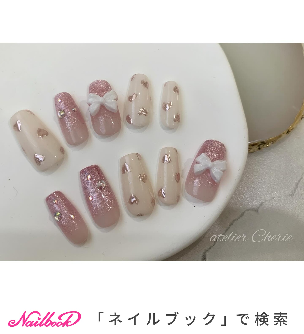 冬/ミラー/リボン/ピンク/ネイルチップ - atelier Cherieのネイル