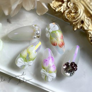 ネイルチップ ワンホン ぷっくりフラワー リボン ビジュー