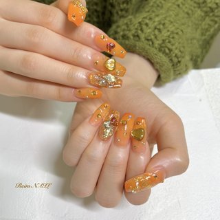 オレンジ/＃ストーン埋め尽くしのネイルデザイン｜ネイルブック 