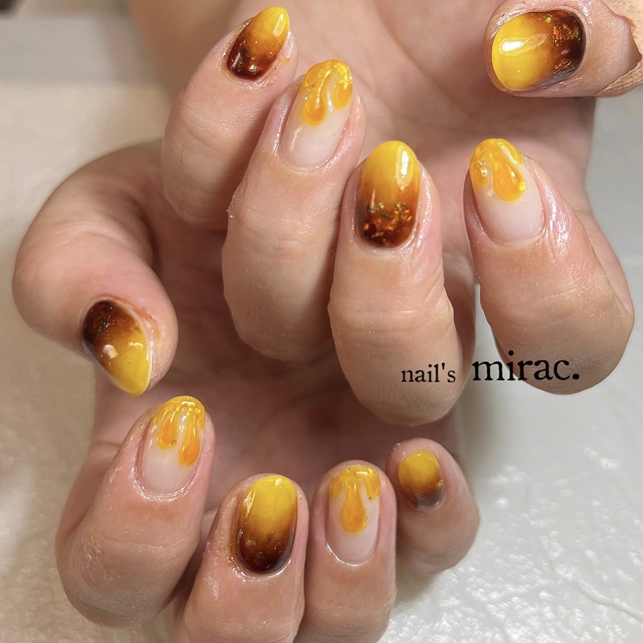 ハンド/イエロー/ブラウン/スモーキー/ジェルネイル - nail