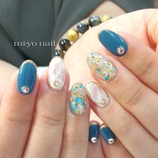 ブルー(青)/#シェル埋め込みのネイルデザイン｜ネイルブック