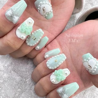 オーダーネイルチップ♡ミントグリーン緑フレンチガーリー量産型リボン