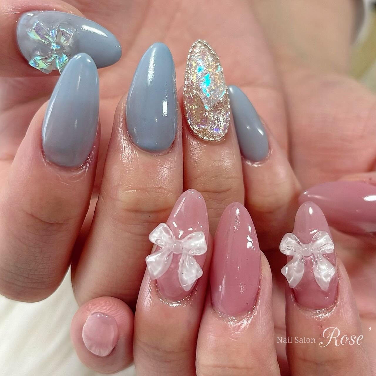 春/オーロラ/リボン/韓国/ピンク - Nail Salon Rose'のネイルデザイン