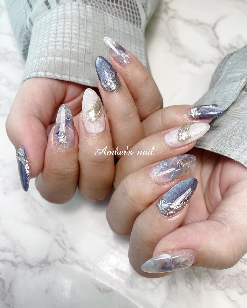 No.50 ネイルチップ ブルー ホワイト もやもや ニュアンス どぎつい 