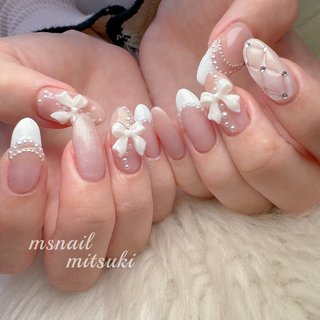 ネイルチップ ガラスフレンチ ぷっくりお花ネイル ワンホンネイル 韓国