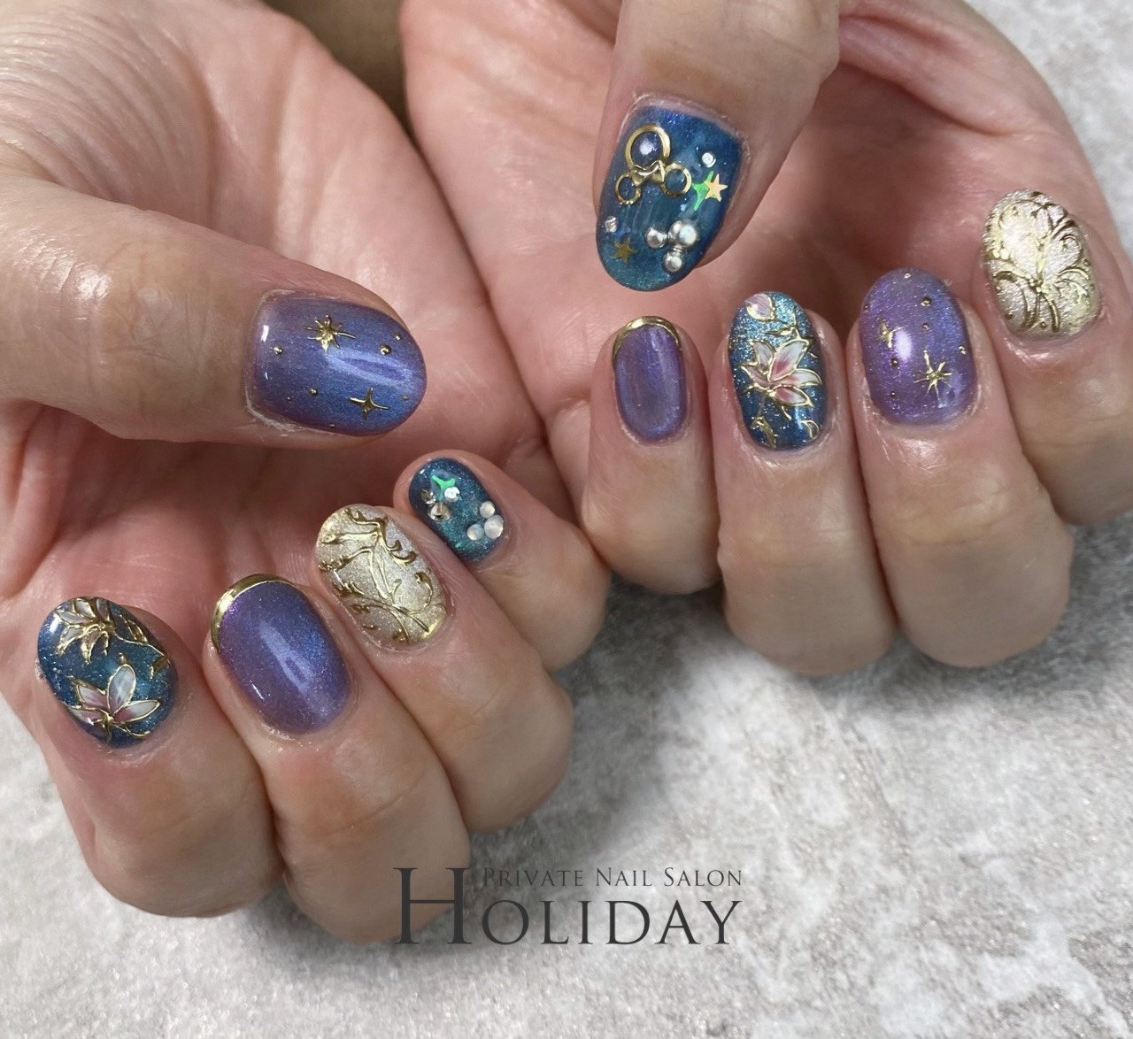 フラワー/マグネット/グリーン/ブルー/パープル - Yreiko2001のネイル  